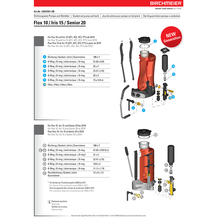 Replacement Gasket Set - For Birchmeier Sprayers FLOX 10, IRIS 15, SENIOR 20