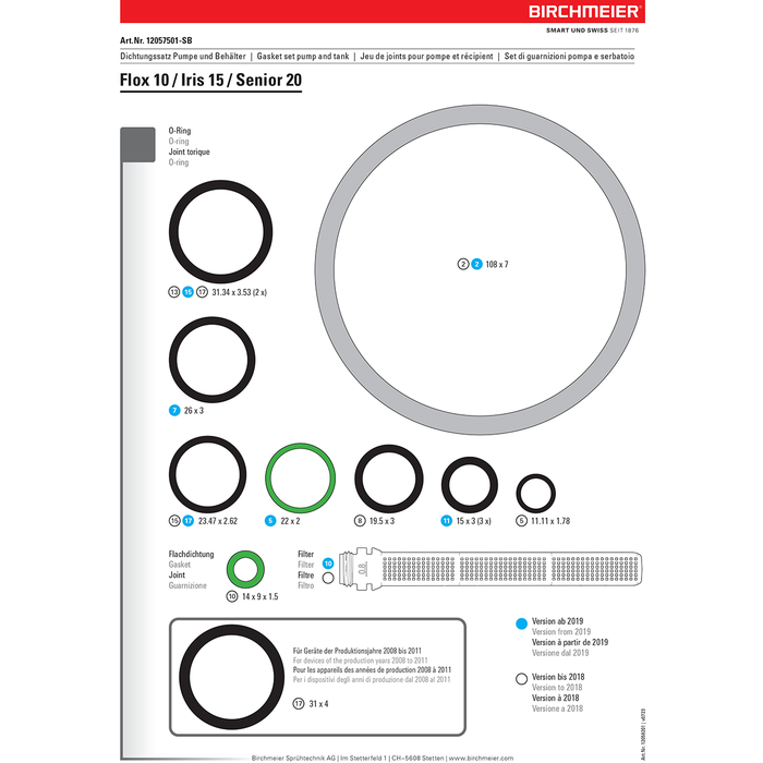 Replacement Gasket Set - For Birchmeier Sprayers FLOX 10, IRIS 15, SENIOR 20