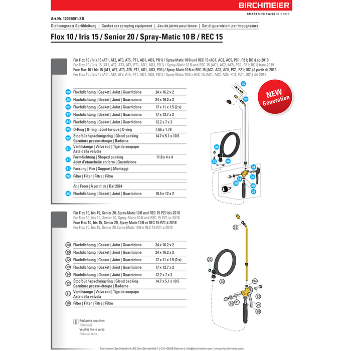 Replacement Gasket Set - For Birchmeier Sprayers Iris 15, Profi Star 5, and REC AC1