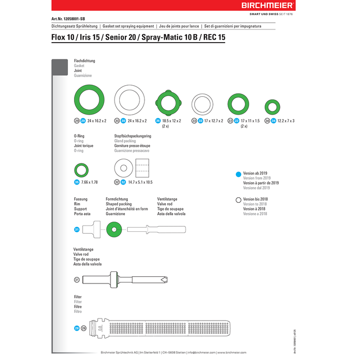 Replacement Gasket Set - For Birchmeier Sprayers Iris 15, Profi Star 5, and REC AC1